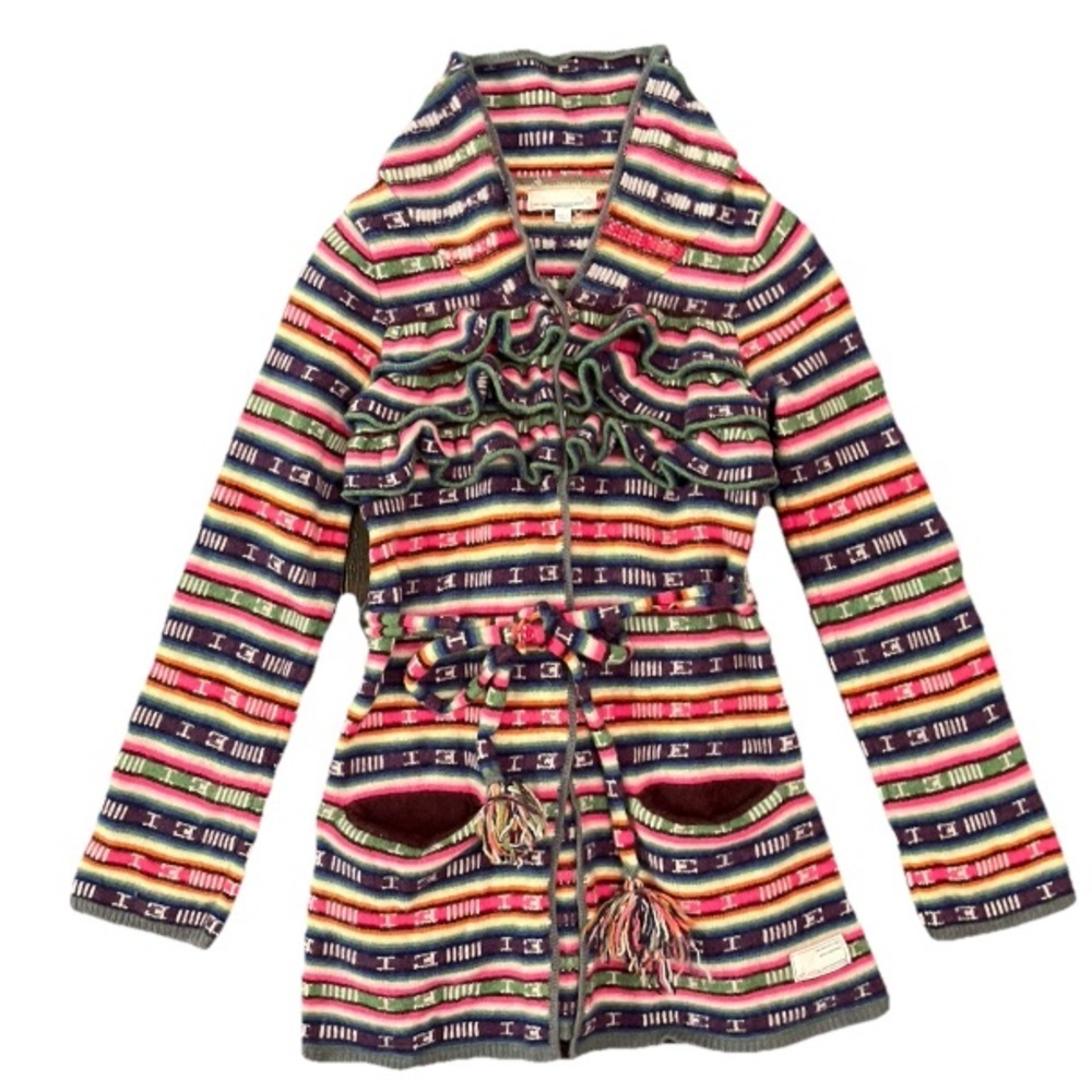Odd Molly Size 0 XS Colorful Striped Snap Cardigan Ruffle Tie Waist Wool Cozy
